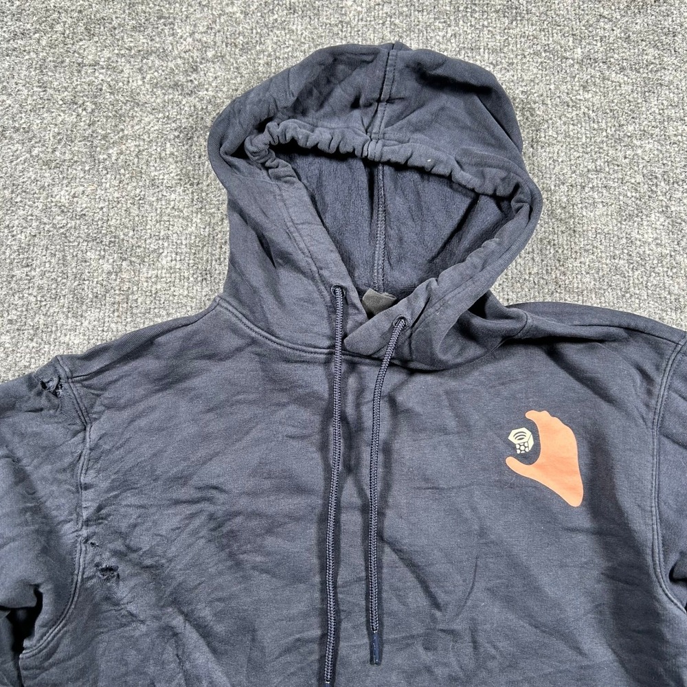 Mountain Hardwear Hoodie Womens S Blue Organic Cotton Graphic Rips Distressed